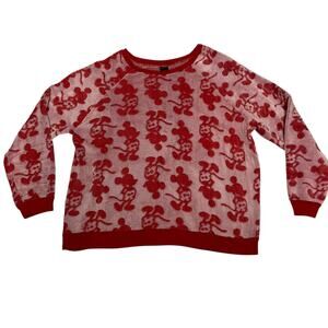 Disney Women's Mickey Mouse Pink and Red Fuzzy Crewneck Sweater Size XL